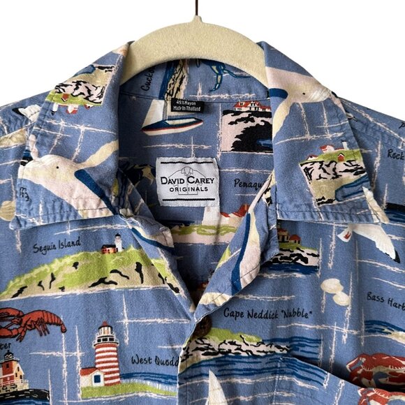 David Carey Originals Maine Button Up Shirt L Map Print Lighthouse Blue - Picture 2 of 9